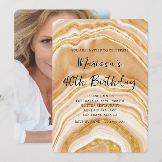 Faux Golden Agate 40th Birthday Photo Kaart (Voorkant / Achterkant)