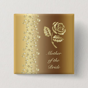 Faux Golden Wedding roos en harten naam Vierkante Button 5,1 Cm