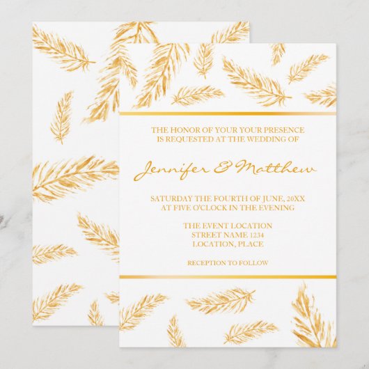 Faux Golden Yellow Color Feathers Elegant Wedding Kaart (Voorkant / Achterkant)