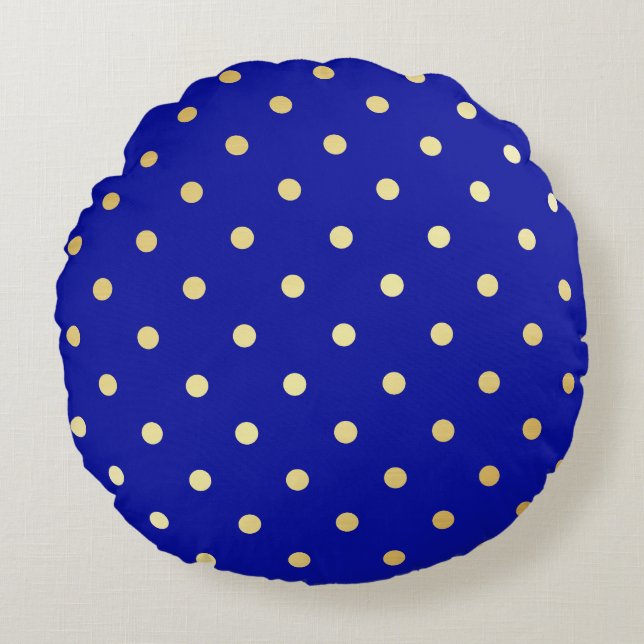 Faux goud blauwe polka stippen rond kussen (Voorkant)