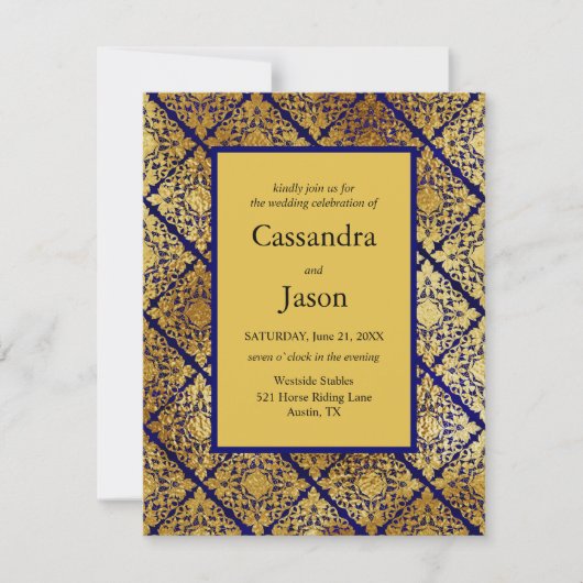 Faux Goud en Blauw Bruiloft Kaart (Voorkant)