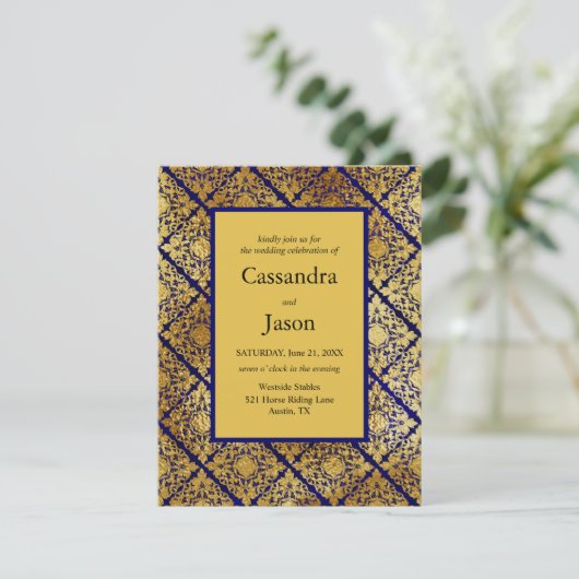 Faux Goud en Blauw Bruiloft Kaart (Staand voorkant)