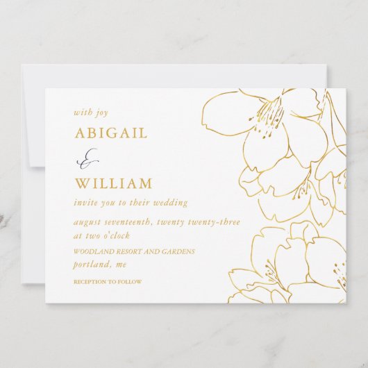 Faux Goud en Witte Bloemen Marine Huwelijksuitnodi Kaart (Voorkant)