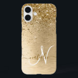 Faux Goud Geborsteld Metaal Glitter Monogram Naam iPhone 16 Plus Hoesje<br><div class="desc">Pas dit trendy chassis met  gouden mousserende glitter eenvoudig aan op een gouden geborstelde metalen achtergrond.</div>