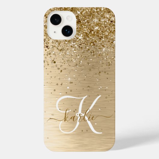 Faux Goud Geborsteld Metaal Glitter Monogram Naam iPhone Hoesje (Achterkant)