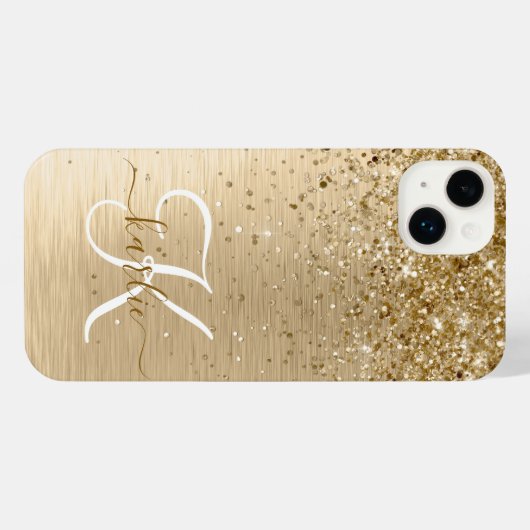 Faux Goud Geborsteld Metaal Glitter Monogram Naam iPhone Hoesje (Achterkant horizontaal)