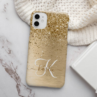 Faux Goud Geborsteld Metaal Glitter Monogram Naam iPhone 14 Hoesje