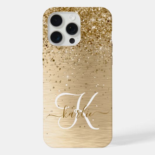 Faux Goud Geborsteld Metaal Glitter Monogram Naam iPhone Hoesje (Achterkant)