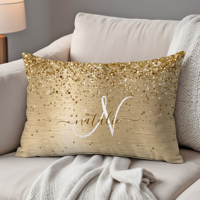 Faux Goud Geborsteld Metaal Glitter Print Monogram Accent Kussen (Creator heeft geüpload)