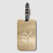 Faux Goud Geborsteld Metaal Glitter Print Monogram Bagagelabel (Voorkant (verticaal))