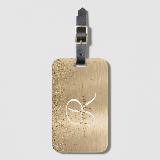 Faux Goud Geborsteld Metaal Glitter Print Monogram Bagagelabel (Voorkant (verticaal))