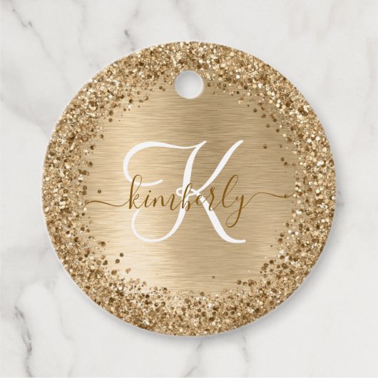 Faux Goud Geborsteld Metaal Glitter Print Monogram Bedankjes Labels (Voorkant)
