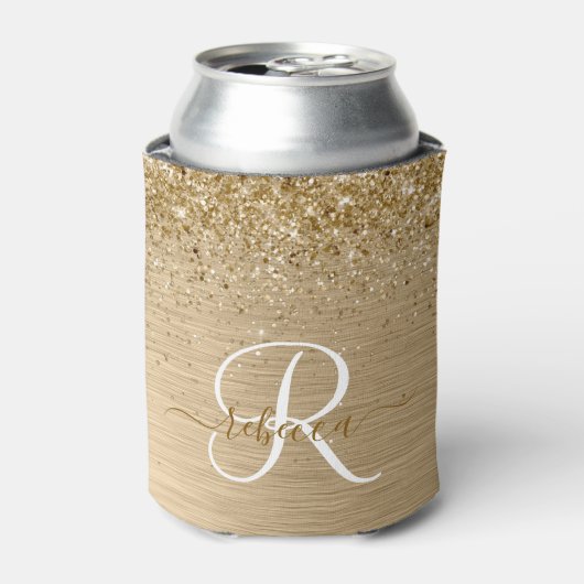 Faux Goud Geborsteld Metaal Glitter Print Monogram Blikjeskoeler (Blikje Voorkant)