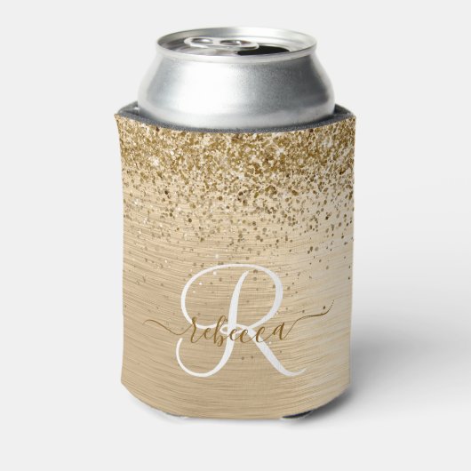 Faux Goud Geborsteld Metaal Glitter Print Monogram Blikjeskoeler (Blikje Achterkant)