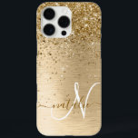 Faux Goud Geborsteld Metaal Glitter Print Monogram iPhone 16 Pro Max Hoesje<br><div class="desc">Pas dit trendy chassis met  gouden mousserende glitter eenvoudig aan op een gouden geborstelde metalen achtergrond.</div>