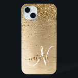 Faux Goud Geborsteld Metaal Glitter Print Monogram iPhone 15 Mini Hoesje<br><div class="desc">Pas dit trendy chassis met  gouden mousserende glitter eenvoudig aan op een gouden geborstelde metalen achtergrond.</div>