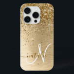 Faux Goud Geborsteld Metaal Glitter Print Monogram iPhone 15 Pro Case<br><div class="desc">Pas dit trendy chassis met  gouden mousserende glitter eenvoudig aan op een gouden geborstelde metalen achtergrond.</div>