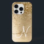 Faux Goud Geborsteld Metaal Glitter Print Monogram iPhone 15 Pro Case<br><div class="desc">Pas dit trendy chassis met  gouden mousserende glitter eenvoudig aan op een gouden geborstelde metalen achtergrond.</div>