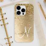 Faux Goud Geborsteld Metaal Glitter Print Monogram Case-Mate iPhone 14 Pro Hoesje<br><div class="desc">Pas dit trendy chassis met  gouden mousserende glitter eenvoudig aan op een gouden geborstelde metalen achtergrond.</div>