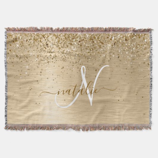 Faux Goud Geborsteld Metaal Glitter Print Monogram Deken (Voorkant)
