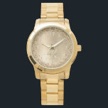 Faux Goud Geborsteld Metaal Glitter Print Monogram Horloge<br><div class="desc">Pas dit trendy horlogeontwerp met  gouden mousserende glitter eenvoudig aan op een gouden geborstelde metalen achtergrond.</div>