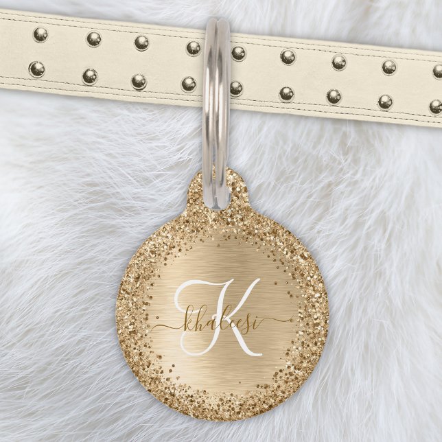 Faux Goud Geborsteld Metaal Glitter Print Monogram Huisdierpenning (Creator heeft geüpload)