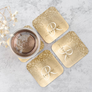 Faux Goud Geborsteld Metaal Glitter Print Monogram Kartonnen Onderzetters
