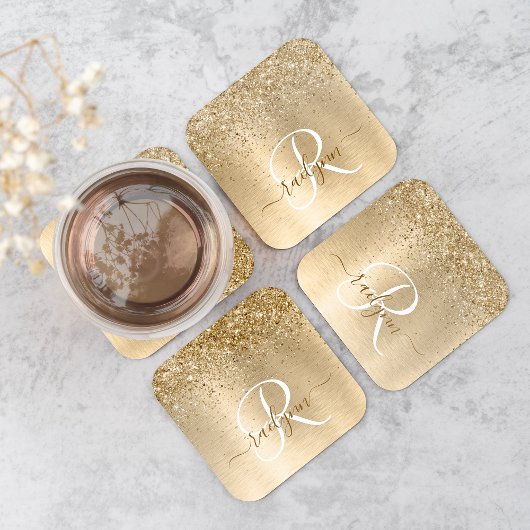 Faux Goud Geborsteld Metaal Glitter Print Monogram Kartonnen Onderzetters