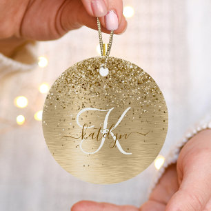 Faux Goud Geborsteld Metaal Glitter Print Monogram Keramisch Ornament