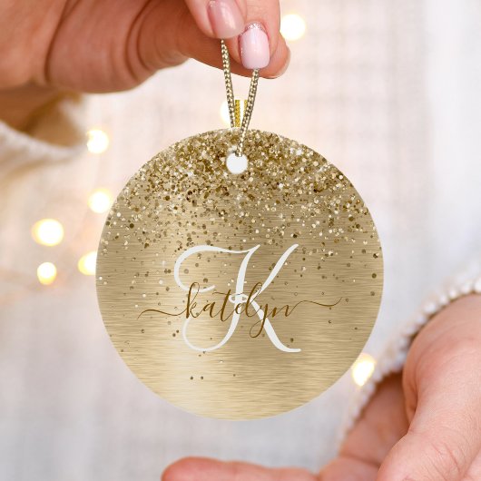 Faux Goud Geborsteld Metaal Glitter Print Monogram Keramisch Ornament