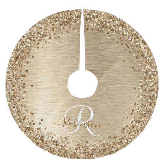 Faux Goud Geborsteld Metaal Glitter Print Monogram Kerstboom Rok (Voorkant)