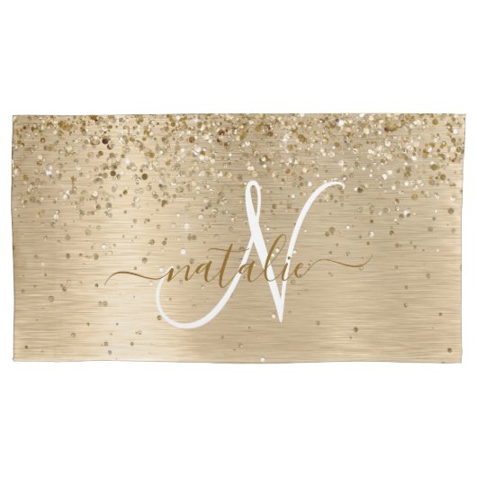 Faux Goud Geborsteld Metaal Glitter Print Monogram Kussensloop (Voorkant)