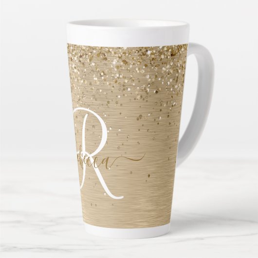 Faux Goud Geborsteld Metaal Glitter Print Monogram Latte Mok (Rechterhoek)