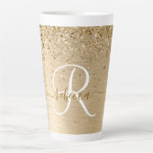 Faux Goud Geborsteld Metaal Glitter Print Monogram Latte Mok (Voorkant)
