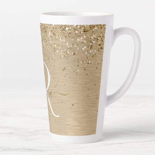 Faux Goud Geborsteld Metaal Glitter Print Monogram Latte Mok (Rechts)