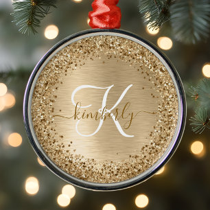 Faux Goud Geborsteld Metaal Glitter Print Monogram Metalen Ornament