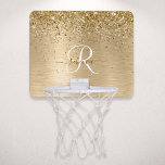 Faux Goud Geborsteld Metaal Glitter Print Monogram Mini Basketbalbord<br><div class="desc">Maak dit trendy chic basketbalhoepje eenvoudig aan te passen met  gouden mousserende glitter op een gouden geborstelde metalen achtergrond.</div>