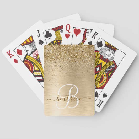 Faux Goud Geborsteld Metaal Glitter Print Monogram Pokerkaarten (Achterkant)