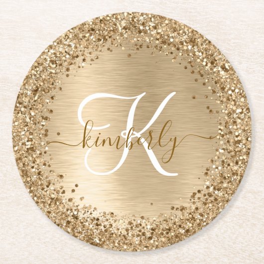 Faux Goud Geborsteld Metaal Glitter Print Monogram Ronde Kartonnen Onderzetter (Voorkant)