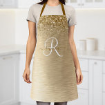 Faux Goud Geborsteld Metaal Glitter Print Monogram Schort<br><div class="desc">Maak dit trendy chic aprons ontwerp met  gouden mousserende glitter gemakkelijk aan te passen op een gouden geborstelde metalen achtergrond.</div>