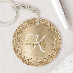 Faux Goud Geborsteld Metaal Glitter Print Monogram Sleutelhanger
