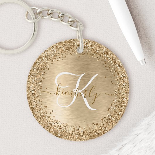 Faux Goud Geborsteld Metaal Glitter Print Monogram Sleutelhanger