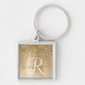 Faux Goud Geborsteld Metaal Glitter Print Monogram Sleutelhanger (Voorkant)