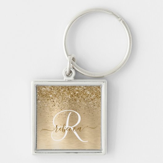Faux Goud Geborsteld Metaal Glitter Print Monogram Sleutelhanger (Voorkant)