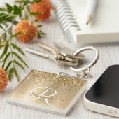 Faux Goud Geborsteld Metaal Glitter Print Monogram Sleutelhanger (Voorkant Rechts)