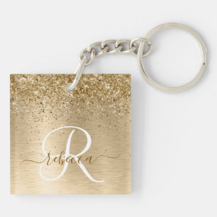 Faux Goud Geborsteld Metaal Glitter Print Monogram Sleutelhanger