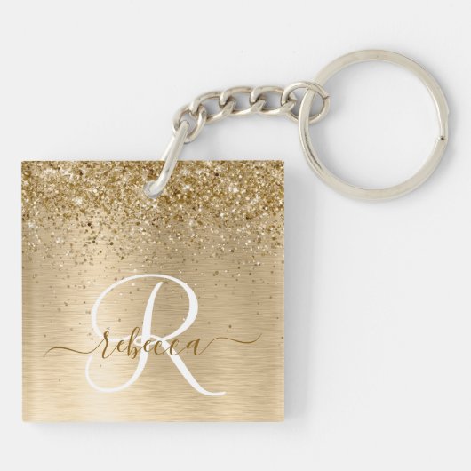 Faux Goud Geborsteld Metaal Glitter Print Monogram Sleutelhanger (Achterkant)