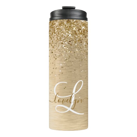 Faux Goud Geborsteld Metaal Glitter Print Monogram Thermosbeker (Voorkant)