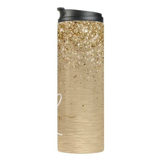 Faux Goud Geborsteld Metaal Glitter Print Monogram Thermosbeker (Geroteerd rechts)
