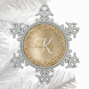 Faux Goud Geborsteld Metaal Glitter Print Monogram Tin Sneeuwvlok Ornament